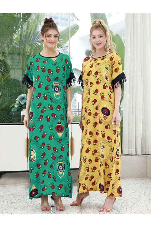 جلابية قطن فضفاضة مزينة بطبعات