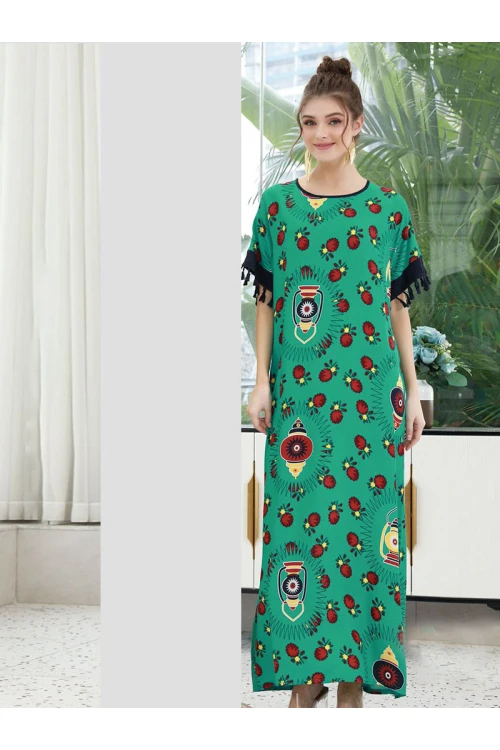 جلابية قطن فضفاضة مزينة بطبعات