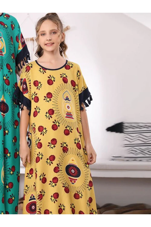 جلابية قطن ميدي فضفاضة مزينة بطبعات