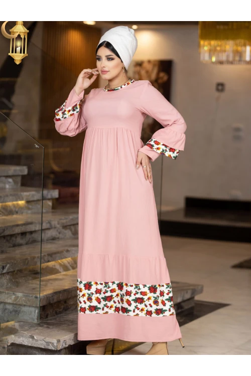 جلابية رمضانية بأكمام طويلة واطراف مزينة بالزهور