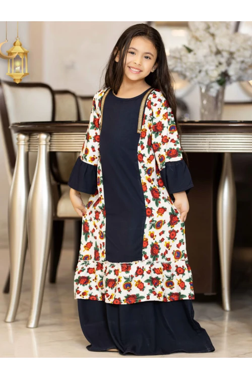 جلابية رمضانية بناتي تتميز بأكمام طويلة وجوانب مشجرة وحزام على الظهر