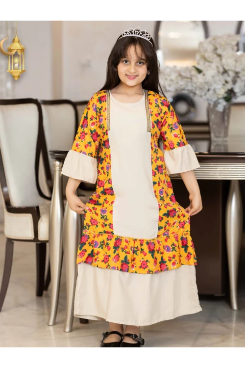 جلابية رمضانية بناتي تتميز بأكمام طويلة وجوانب مشجرة وحزام على الظهر