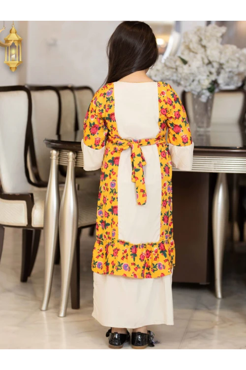 جلابية رمضانية بناتي تتميز بأكمام طويلة وجوانب مشجرة وحزام على الظهر