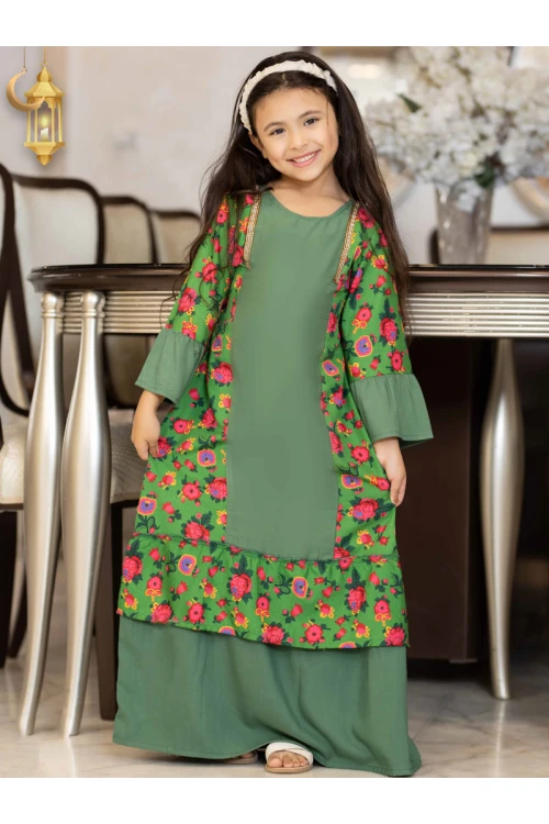 جلابية رمضانية بناتي تتميز بأكمام طويلة وجوانب مشجرة وحزام على الظهر