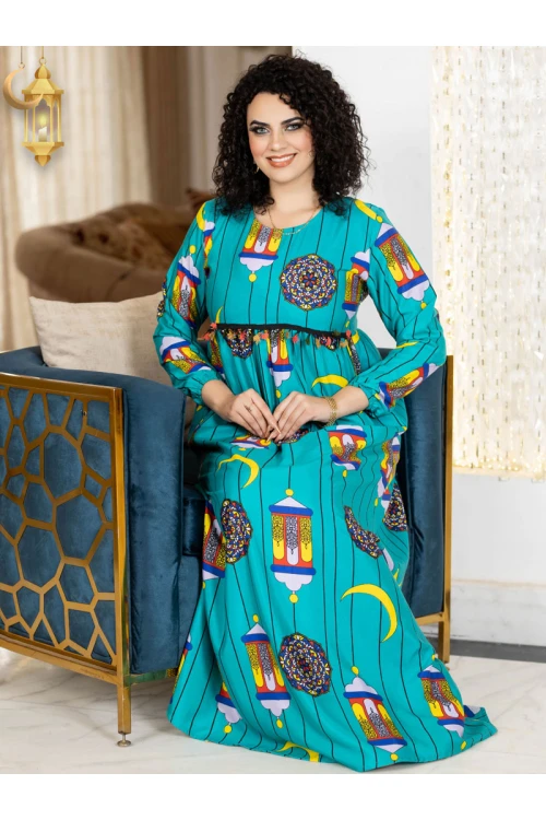 جلابية رمضانية نسائية تتميز بأكمام  طويلة مزينة برسومات رمضانية