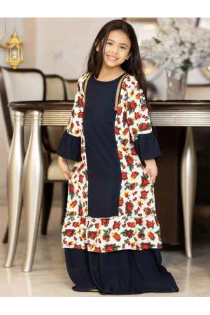 جلابية رمضانية بناتي تتميز بأكمام طويلة وجوانب مشجرة مع حزام على الظهر