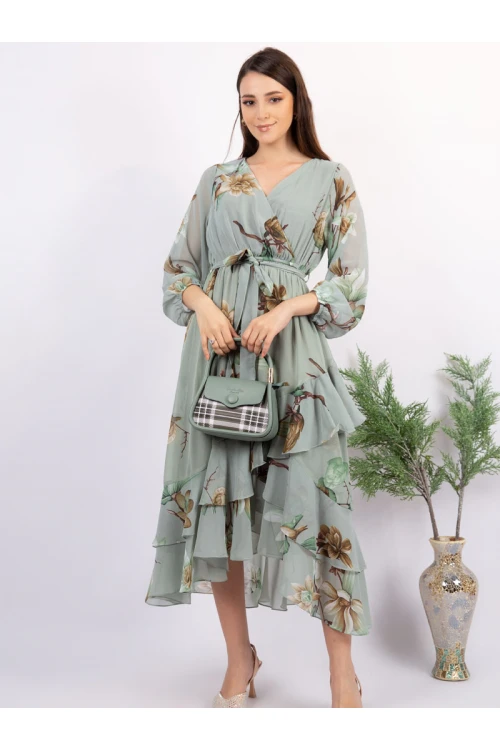 فستان ميدي مشجر بأكمام طويلة