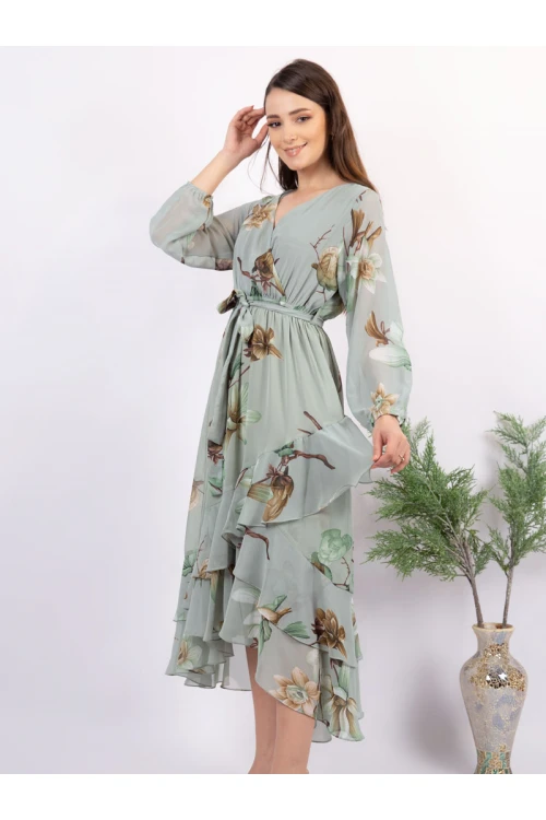 فستان ميدي مشجر بأكمام طويلة