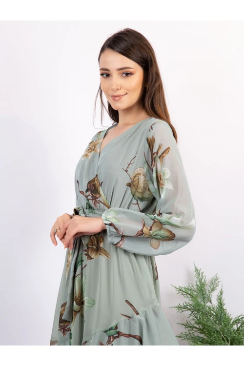 فستان ميدي مشجر بأكمام طويلة