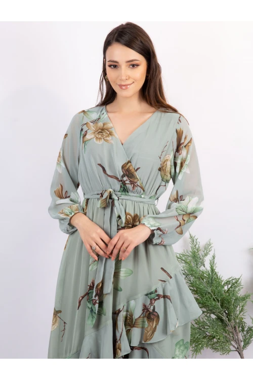 فستان ميدي مشجر بأكمام طويلة