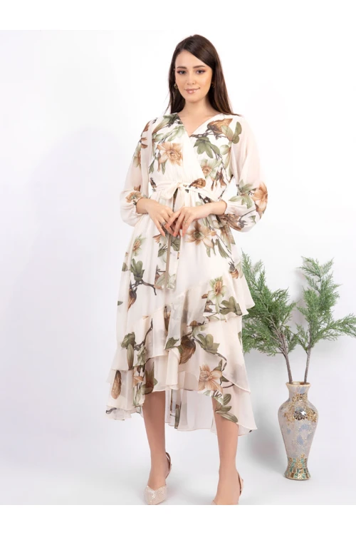 فستان ميدي مشجر بأكمام طويلة