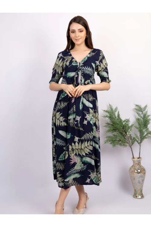 فستان ميدي مشجر بأكمام قصيرة