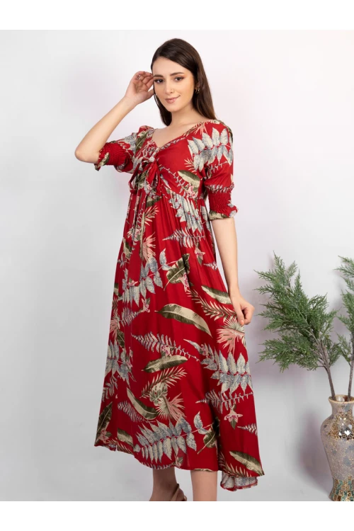 فستان ميدي مشجر بأكمام قصيرة