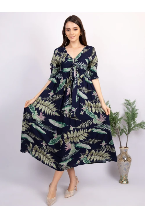 فستان ميدي مشجر بأكمام قصيرة