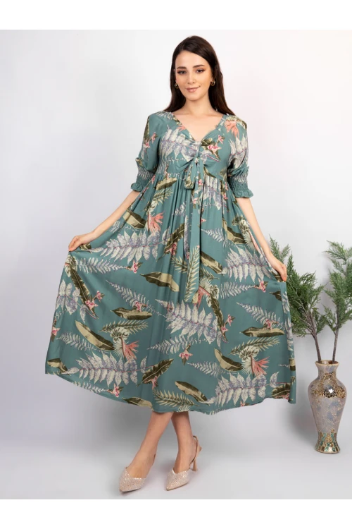 فستان ميدي مشجر بأكمام قصيرة