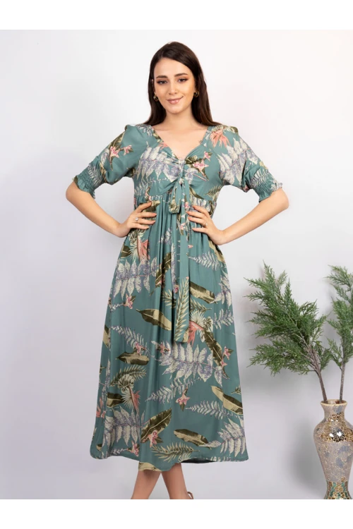 فستان ميدي مشجر بأكمام قصيرة