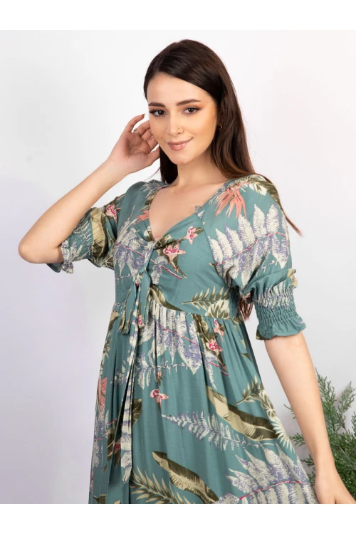 فستان ميدي مشجر بأكمام قصيرة