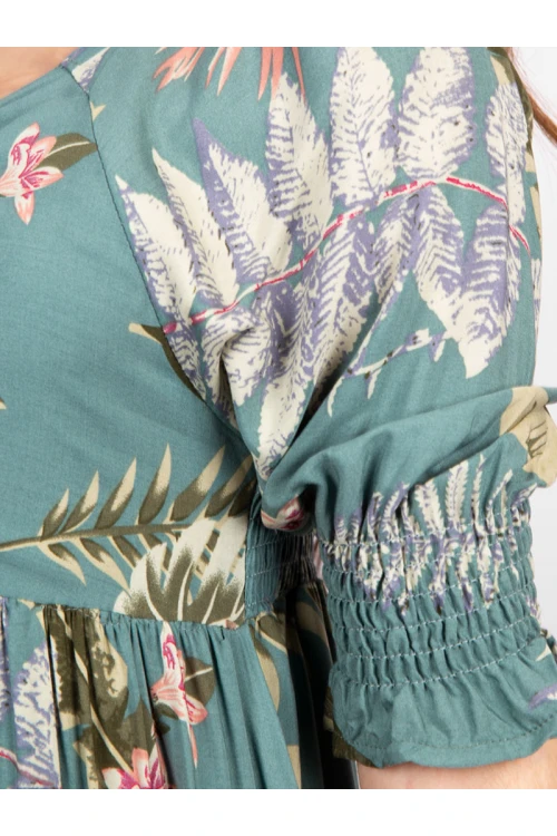 فستان ميدي مشجر بأكمام قصيرة