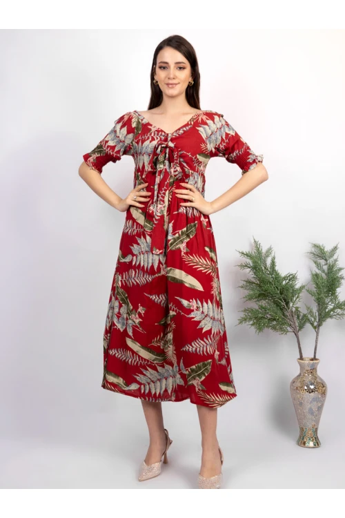 فستان ميدي مشجر بأكمام قصيرة