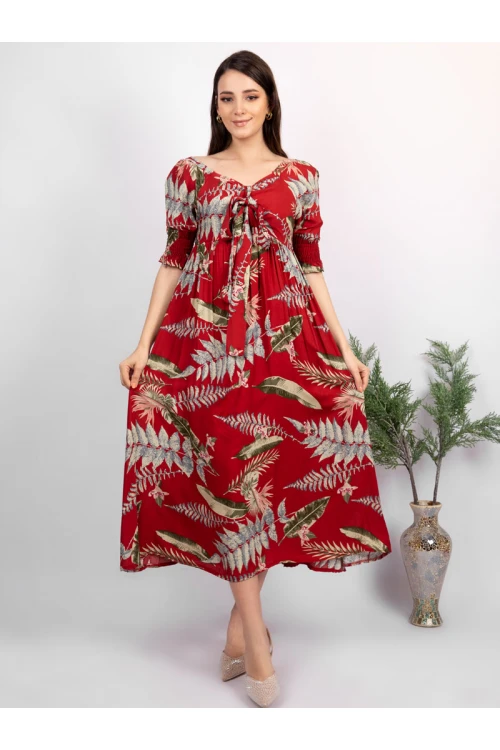 فستان ميدي مشجر بأكمام قصيرة