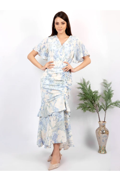 فستان ميدي مشجر بأكمام قصيرة