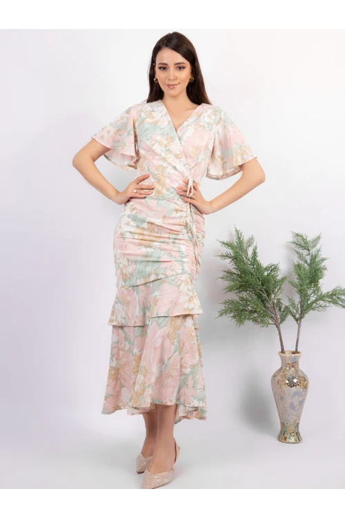 فستان ميدي مشجر بأكمام قصيرة