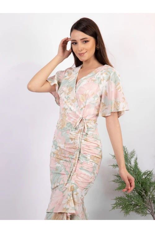 فستان ميدي مشجر بأكمام قصيرة