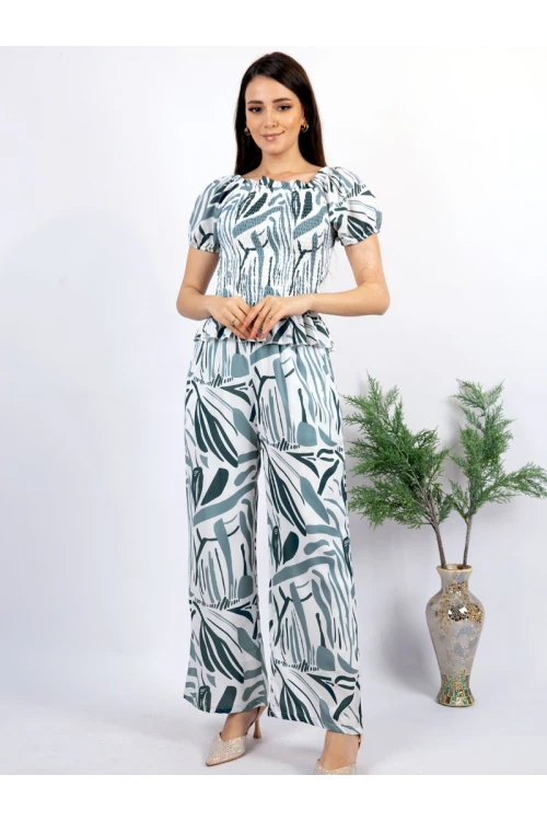 طقم بنطلون طويل مشجر مع بلوزة مشجرة