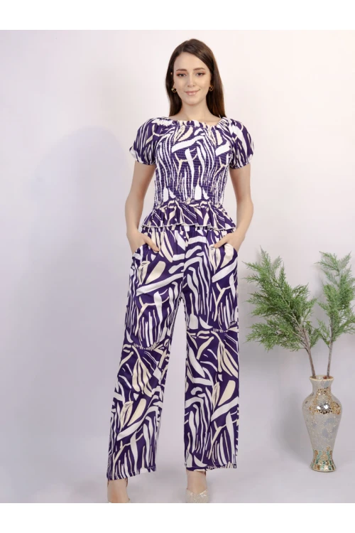 طقم بنطلون طويل مشجر مع بلوزة مشجرة