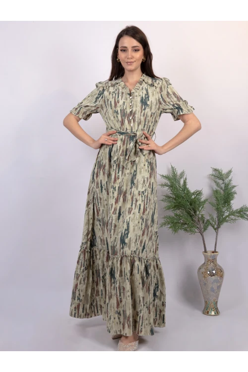 فستان زيتي مشجر طويل بنص كم