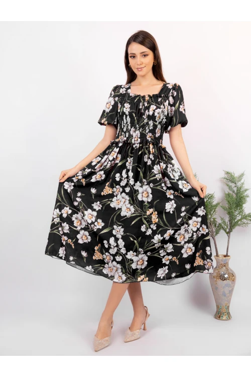 فستان ميدي مشجر بأكمام قصيرة