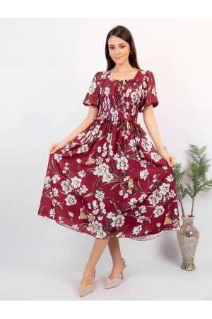 فستان ميدي مشجر بأكمام قصيرة