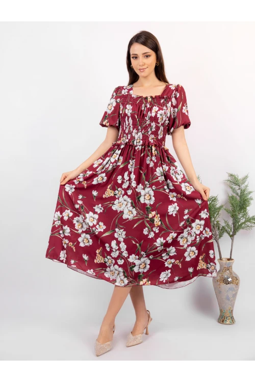 فستان ميدي مشجر بأكمام قصيرة