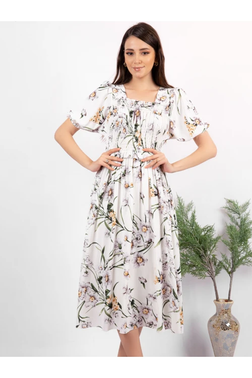 فستان ميدي مشجر بأكمام قصيرة