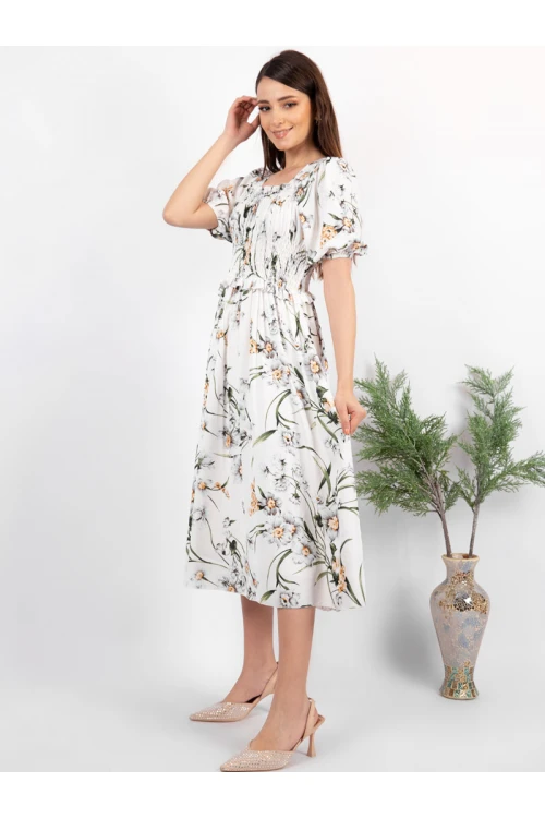 فستان ميدي مشجر بأكمام قصيرة