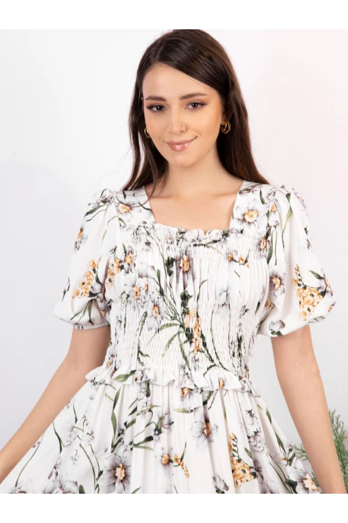 فستان ميدي مشجر بأكمام قصيرة