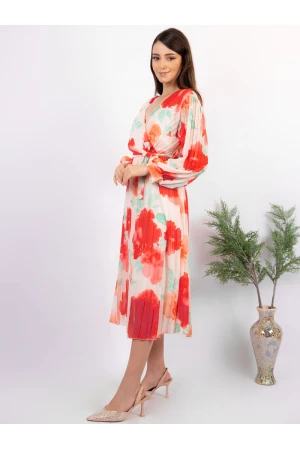 فستان ميدي مشجر بأكمام طويلة