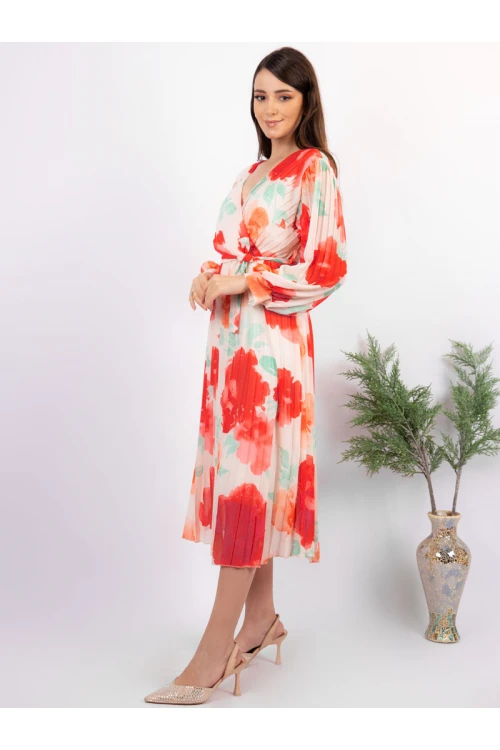 فستان ميدي مشجر بأكمام طويلة