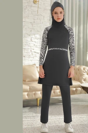 مايوه بناتي سباحة اسود ومدمج بلون ابيض مخطط ثلاث قطع