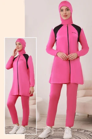 مايوه نسائي لون فوشي وسحاب امامي ثلاث قطع