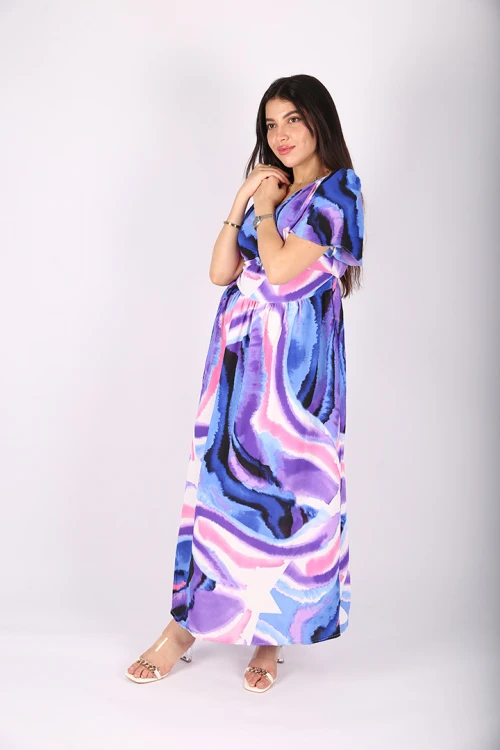 فستان صيف مموج اكمام كلوش مفتوح من الخلف والجوانب