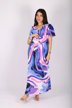 فستان صيف مموج اكمام كلوش مفتوح من الخلف والجوانب 