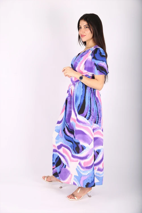 فستان صيف مموج اكمام كلوش مفتوح من الخلف والجوانب