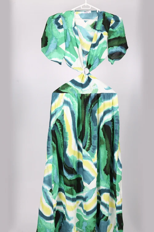 فستان صيف مموج اكمام كلوش مفتوح من الخلف والجوانب