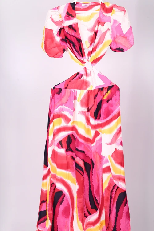 فستان صيف مموج اكمام كلوش مفتوح من الخلف والجوانب