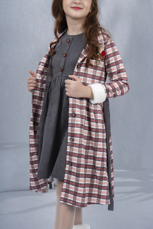 طقم بناتي شتوي جاكيت كاروهات