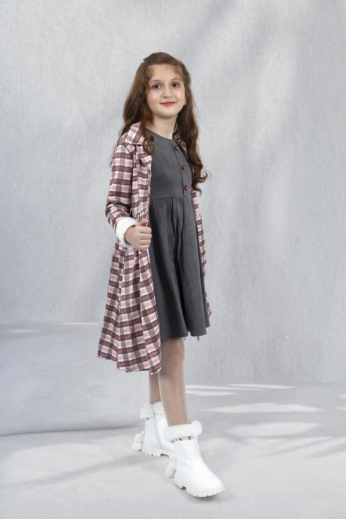 طقم بناتي شتوي جاكيت كاروهات