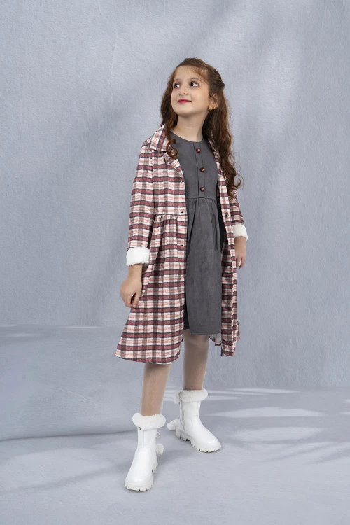 طقم بناتي شتوي جاكيت كاروهات