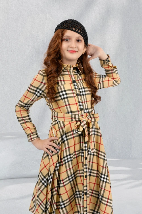 فستان بناتي كاروهات بياقه وازرار اماميه ورباط على الخصر