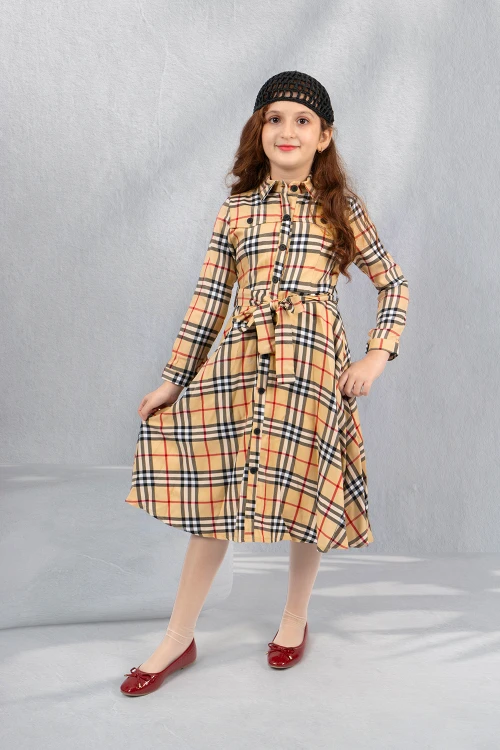 فستان بناتي كاروهات بياقه وازرار اماميه ورباط على الخصر